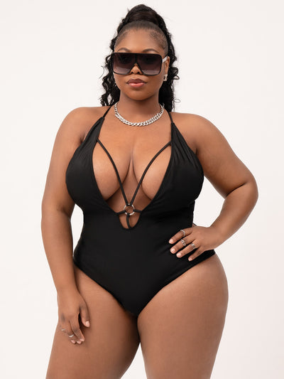 Plus Ring Linked Plunging One Piece Swimsuit T-WILL STORE 