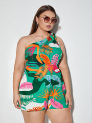 Plus One Shoulder Tropical Print Romper T-WILL STORE 