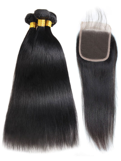 T.S.K 3pcs Long Human Hair Weave Bundles 1pc 4 4 Lace Front 150 Long Human Hair Closure T-WILL STORE 
