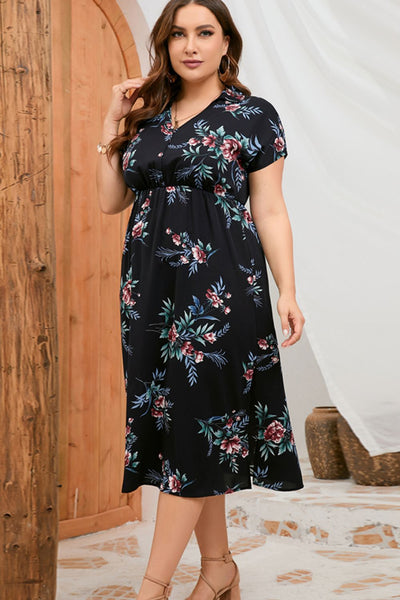 Plus Size Floral Johnny Collar Short Sleeve Dress T-WILL STORE 