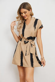 Contrast Tie Belt Notched Dress T-WILL STORE 
