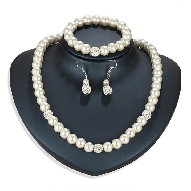 3 Piece Pearl and Shamballa Jewelry Set With Crystals 18K White Gold Plated Set in 18K White Gold Plated ITALY Design T-WILL STORE 
