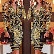 Ethnic Print Plunge Long Sleeve Dress Women Sexy v Neck Club Party Dress T-WILL STORE 