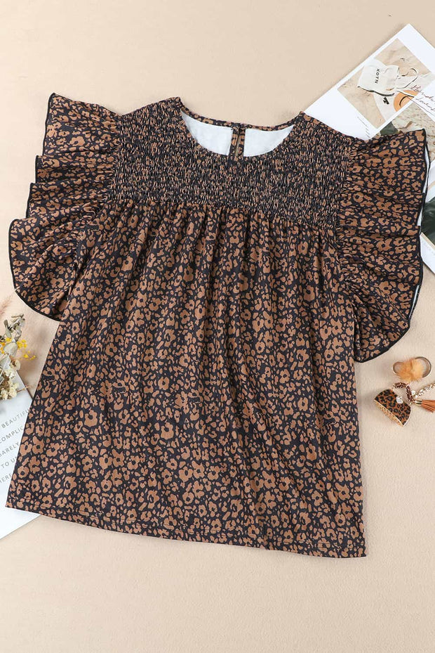Plus Size Printed Smocked Butterfly Sleeve Blouse T-WILL STORE 