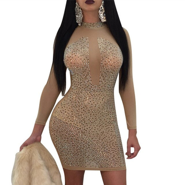 T.S.K Mesh Hot Drilling Long-sleeved Sexy Perspective Dresses. T-WILL STORE 