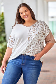 Plus Size Leopard V-Neck T-Shirt T-WILL STORE 