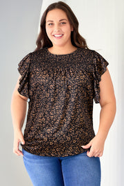 Plus Size Printed Smocked Butterfly Sleeve Blouse T-WILL STORE 